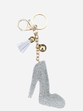 White Rhinestone High Heel Keychain/Bag Charm with White Tassel